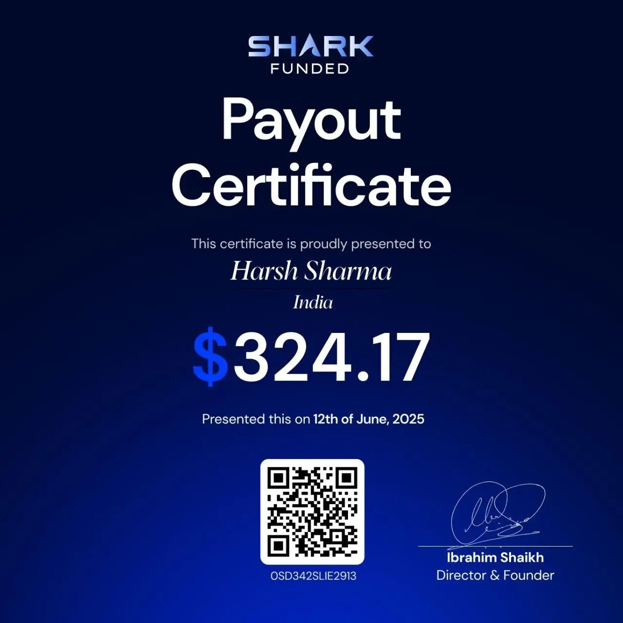 Payout Certificate showing $324.17 withdrawal - June 2025